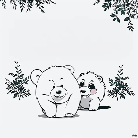 Cute and adorable  Bear and its Cub, coloring page for kids, happy, smiling, surrounded by plants, vector art, minimalistic, vector 2d, black lines white background, coloring page for beginners, vector illustration, pencil strokes, no color, drawing for co...