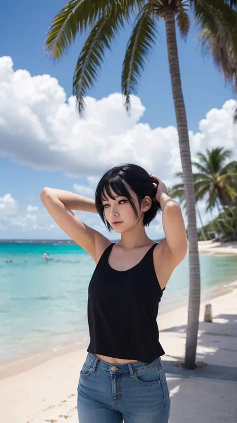 I agree to stand on the beach by the sea。She is wearing a black tank top and blue short jeans.。Short black hair down to the shoulders、I put my hands behind my head。Justice sees palm trees and the beach。White clouds are floating in the clear sky。In an anime...