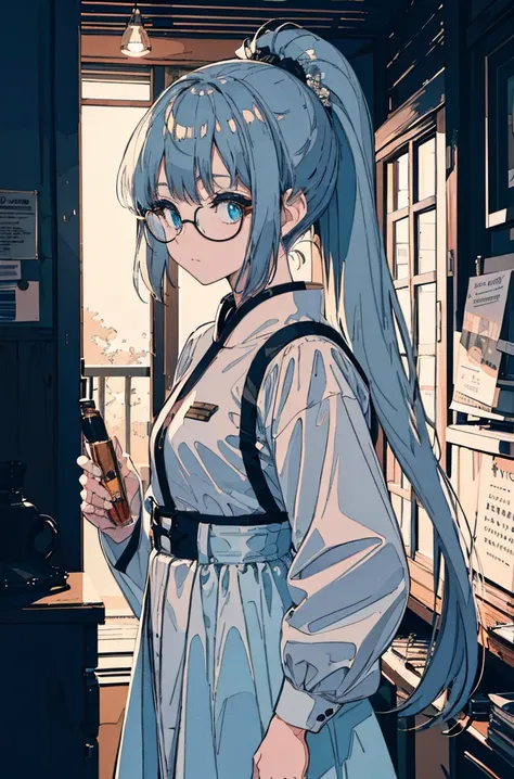 A masterpiece，Font，poster，jump，Low Ponytail，Hair Bunch，Glasses，Dress fashionably，Standing picture，laid back，best quality, Illustration style，Large aperture portrait， Anime Girl, beautiful eyes, summer,, small, Heartwarming, Youthful and beautiful,,Regular ...