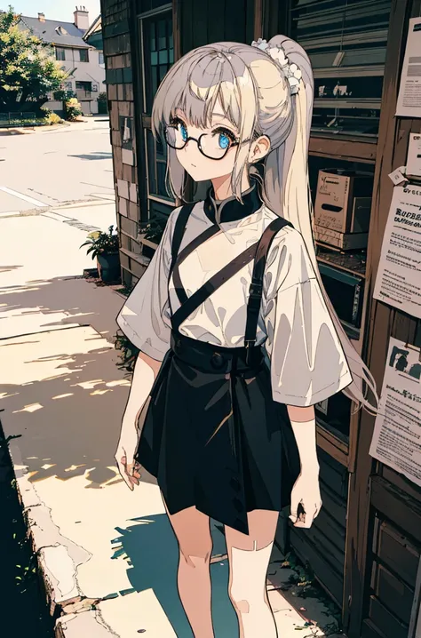 A masterpiece，Font，poster，jump，Low Ponytail，Hair Bunch，Glasses，Dress fashionably，Standing picture，laid back，best quality, Illustration style，Large aperture portrait， Anime Girl, beautiful eyes, summer,, small, Heartwarming, Youthful and beautiful,,Regular ...