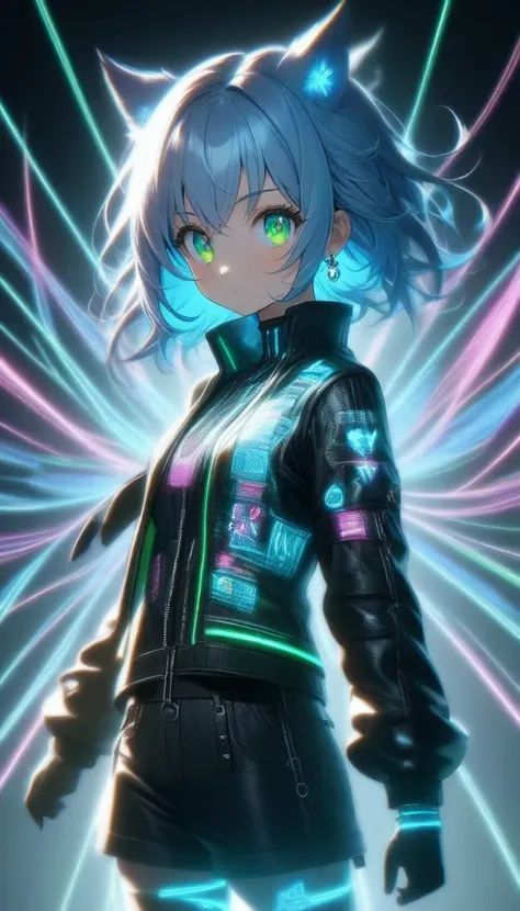 A girl with blue hair shining green eyes shining with little wolf ears with earrings and hoops with a black and fluorescent jacket shining 