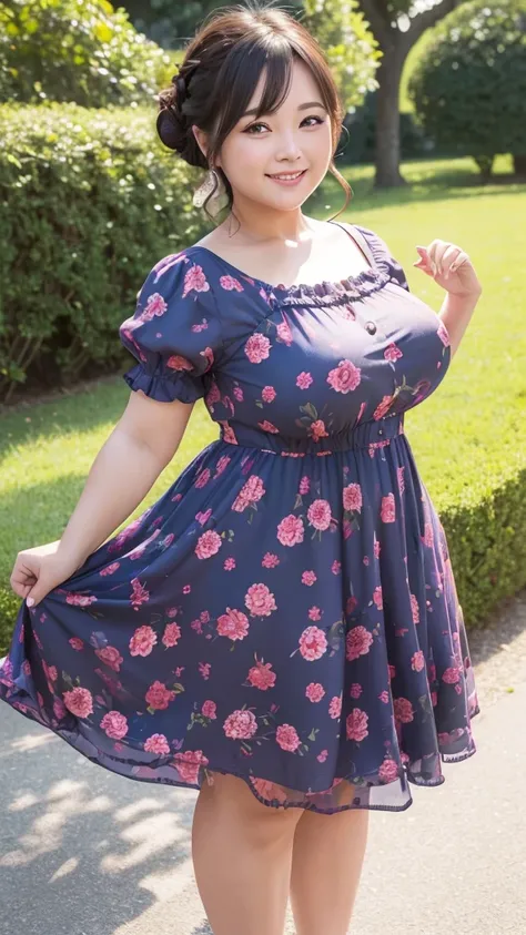 A beautiful and hot almost chubby mature woman.who is wearing a patterned short dress and is and standing in the park. A smiling face、sexy woman、A radiant smile、adorable、race、Frills、Colorful design、Full-length mirror、An inviting gaze、Gorgeous long and beau...