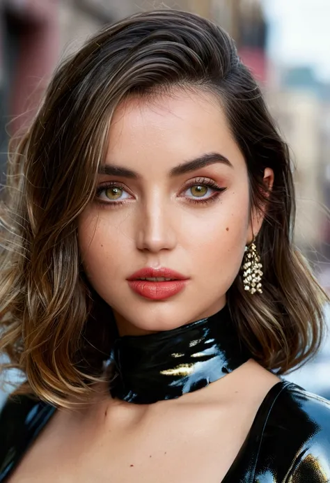 ana de armas. she has large breasts, glossy lips, and detailed eyes with long eyelashes. the photo is taken with a 35mm lens at f/2.8, creating a shallow depth of field. the woman has a modern, appealing, and attractive look, with a slippery, shiny, and ru...