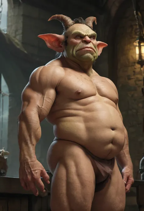 goblin, hairy, prominent belly, big bloated and bulged belly, swollen belly, muscular, tall, pointed ears