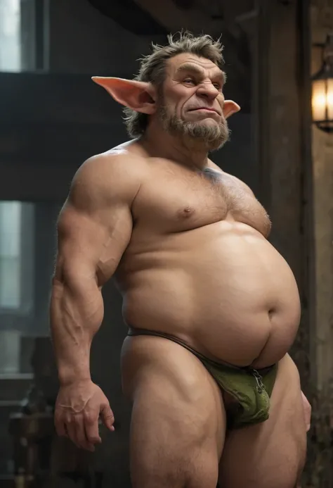 goblin, hairy, prominent belly, big bloated and bulged belly, swollen belly, muscular, tall, pointed ears