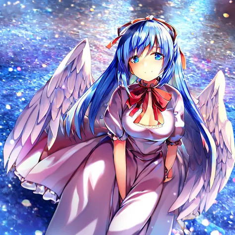 (best quality,4k,8k,highres,masterpiece:1.2), ultra-detailed, highly detailed texture, intricate details, high quality textures, A cute teenage angel with blue eyes, drawn in anime style, 1girl, , , 10 years old, medium blue hair, hair flaps, pink ribbon o...