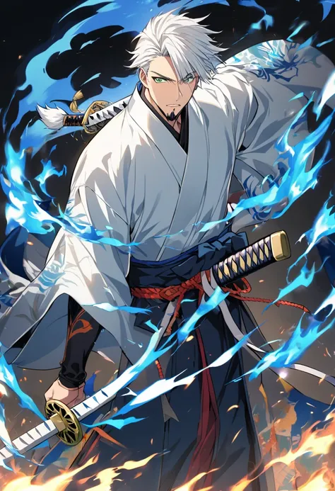 1 young boy, male focus,  details Intricate, 1 men, bonitas, White hair, vibrant green eyes, slim muscles, アニメ, 19yearsold, 19 years, a small goatee, kimono de Shinigami, Shinigami, bleach style, bleach, regatta, kimono, bleach, bleach style, katana ( uma ...