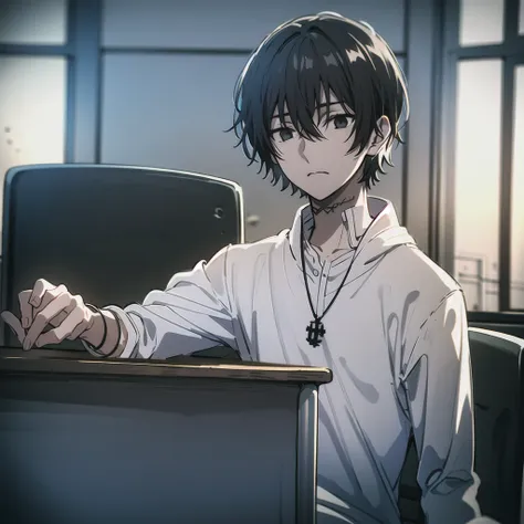 ((best quality)), ((masterpiece)), (detailed), 1boy, high , bored look, blank look, disinterested look, resting on desk, school ...