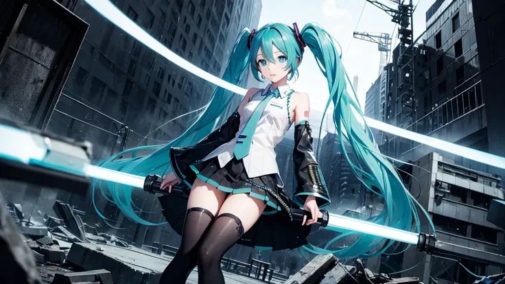 Hatsune Miku、With falling sparks on the background of a ruined city、Heavy metal style cover image。