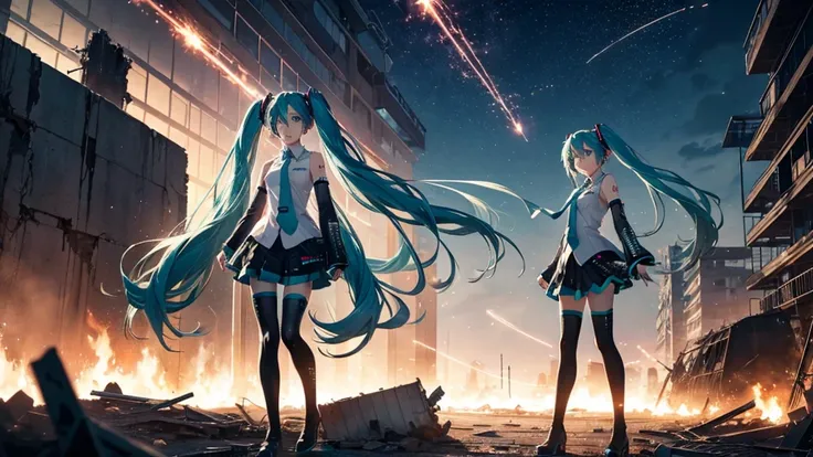 Hatsune Miku、With falling sparks on the background of a ruined city、Heavy metal style cover image。