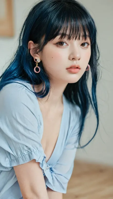 in the room, underwear, blush, Focus on the face, Bangs, Hair ring, Blue Hair