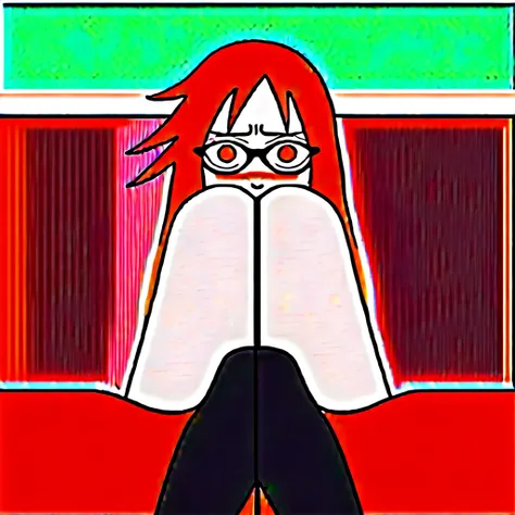 Red hair, 1 Girl, Glasses, Long hair, Red Eyes, Solitary, 吊带dress，, Black over-the-knee stockings, Umbilical cord, Looking at the audience，No students, Japanese cartoons screencap, Japanese cartoons coloring,src_Japanese cartoons,Naruto (series), Naruto sh...