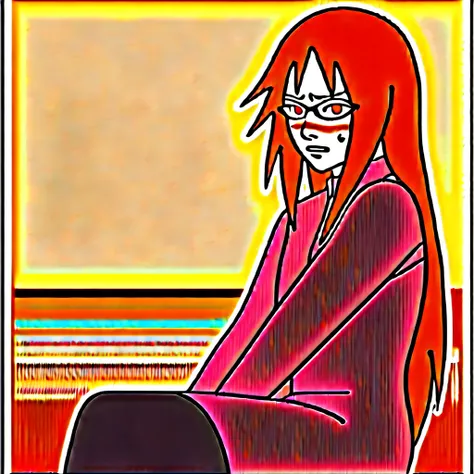 Red hair, 1 Girl, Glasses, Long hair, Red Eyes, Solitary, 吊带dress，, Black over-the-knee stockings, Umbilical cord, Looking at the audience，No students, Japanese cartoons screencap, Japanese cartoons coloring,src_Japanese cartoons,Naruto (series), Naruto sh...