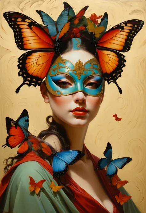 oil painting of a woman with a butterfly mask on her head, jonathan young&#39;s paintings, adrian bolda, moths crawling on my fa...