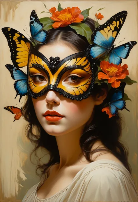 oil painting of a woman with a butterfly mask on her head, jonathan young&#39;s paintings, adrian bolda, moths crawling on my fa...