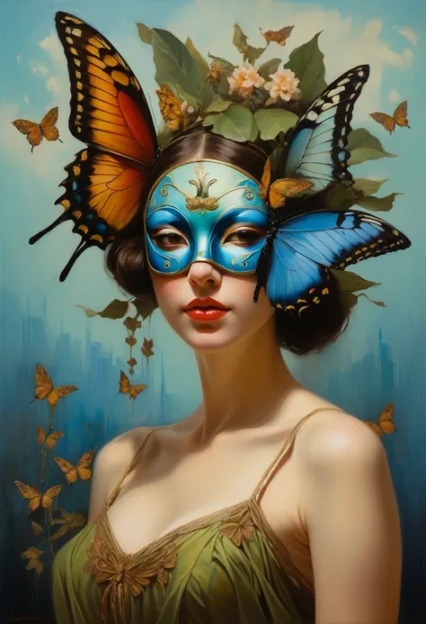 oil painting of a woman with a butterfly mask on her head, jonathan young&#39;s paintings, adrian bolda, moths crawling on my fa...