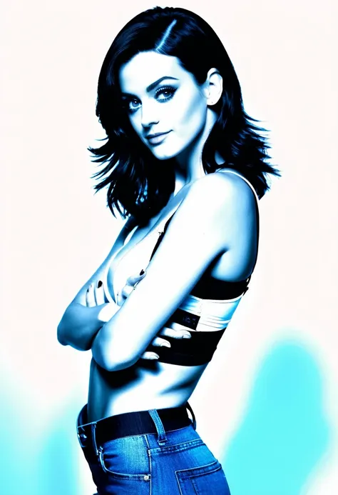 Katy Perry is shown in a minimalist black and white photograph, posing in profile,sport bra, wearing jeans. Her head is tilted back, (arms crossed over her chest:1.2), tomboy style , awide, joyful smile.background white, (hairy-armpit:1.3)