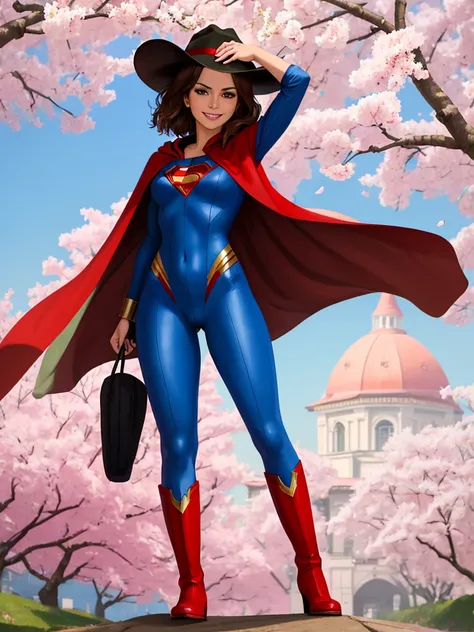 masterpiece, best quality:1.2), 1girl, smile, looking at viewer, short brown hair, green eyes, black fedora hat, dressed as superwoman, full bodysuit, blue catsuit, red cloak cape, red boots, standing under cherry blossoms