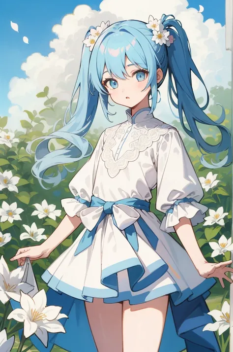 illustration, 2.5D, flat-colors:1.3,  line-art,
(​masterpiece、top-quality:1.6)、white lace dress、Light blue hair、cowboy shot、thighs thighs thighs thighs、beautiful a girl、(floralany small white petals:1.3)、Garden、blue open sky、looking at the viewers、small wa...