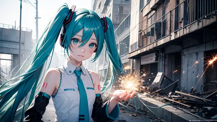 Hatsune Miku face upscale、With falling sparks on the background of a ruined city、Heavy metal style cover image。