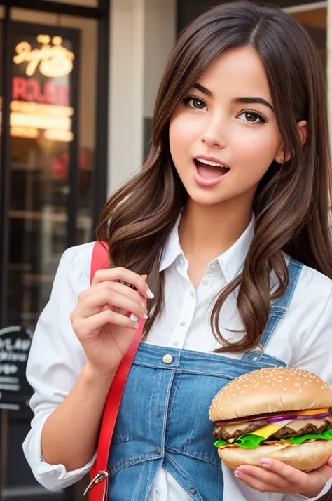 create a young woman looking forward, opening her mouth, holding a large burger in her hands and bringing it towards her mouth to eat, realistic and perfect image.