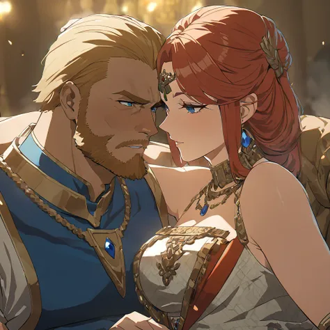 ((Highest quality)), ((masterpiece)), (detailed), （Perfect Face）、The blonde, blue-eyed Queen Zelda is holding a red-haired, brown-skinned baby.、The woman is Queen Zelda of the Gerudo tribe, with blonde hair and blue eyes, and is wearing the luxurious dress...