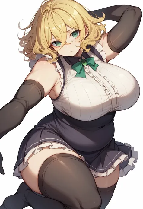 (One girl)、(bob cut)、((Blonde))、(Sato Air)、slan eyes、((boyish))、cute、(Big super breasts)、[Chubby]、Maid clothes、No sleeve、mini skirt、White sleeveless、((hairs between eyes))、thigh-high socks thighhighs、(long gloves)、(flipped hair)、green eye、(say)、arm behind ...