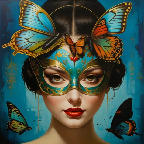 oil painting of a woman with a butterfly mask on her head, jonathan young&#39;s paintings, adrian bolda, moths crawling on my fa...