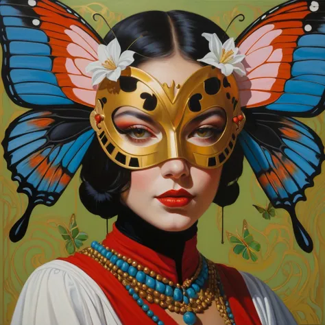 Oil painting of a woman with a butterfly mask on her head, Jonathan Young&#39;s paintings, Adrian Bolda, Moths crawling on my face, Clay shapes mixed media, Exquisite oil painting, Shin Jin-ae, Mixed Media, director: Ishak Holtz, Half female、half butterfly...