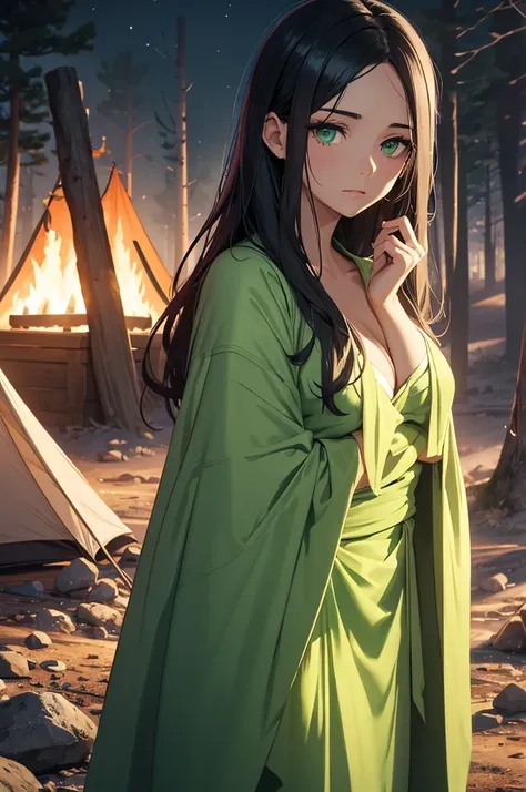 The sleeping robe is a soft green tone that highlights her deep, expressive eyes.. Your black hair, in gentle waves over your shoulders. Your carved face, with delicate features and a defined jawline, parece mais suave e sereno à luz da camp fire. Your gre...