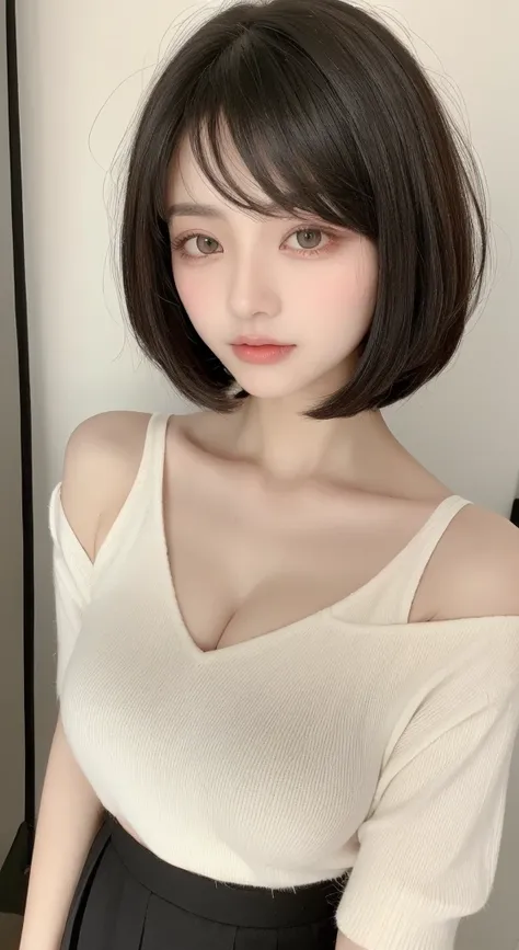 short hair,perfect figure beautiful woman：1.4，Layered Hair Style，Protruding cleavage：1.2，a skirt：1.5，Highly Detailed Face and Skin Textur，Narrow eyes，double eyelid，Whitens the skin，long whitr hair