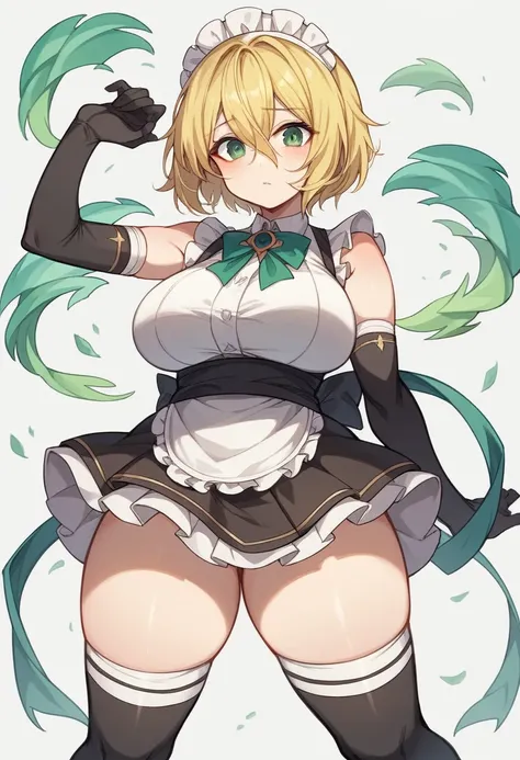 (One girl)、(bob cut)、((Blonde))、（Sato Air）、slan eyes、（boyish）、cute、(Big super breasts)、[Chubby]、Maid clothes、No sleeve、mini skirt、White sleeveless、((hairs between eyes))、thigh-high socks thighhighs、(long gloves)、(flipped hair)、green eye、(say)、arm behind ba...