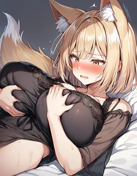 1 girl,fox tail,fox ear,blonde short hair,lying,Ran yakumo,big breasts,black negligee,blush lines,embarrassed,breast sucking,grabbing another’s breast