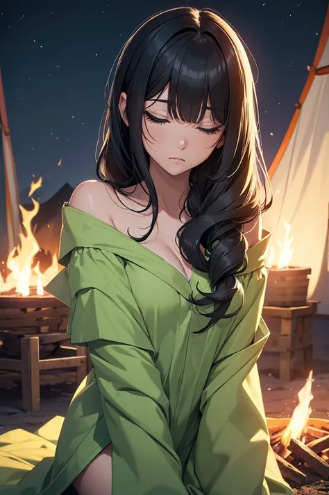 The sleeping robe is a soft green tone that highlights her deep, expressive eyes.. Your black hair, in gentle waves over your shoulders. Your carved face, with delicate features and a defined jawline, parece mais suave e sereno à luz da camp fire. Your gre...