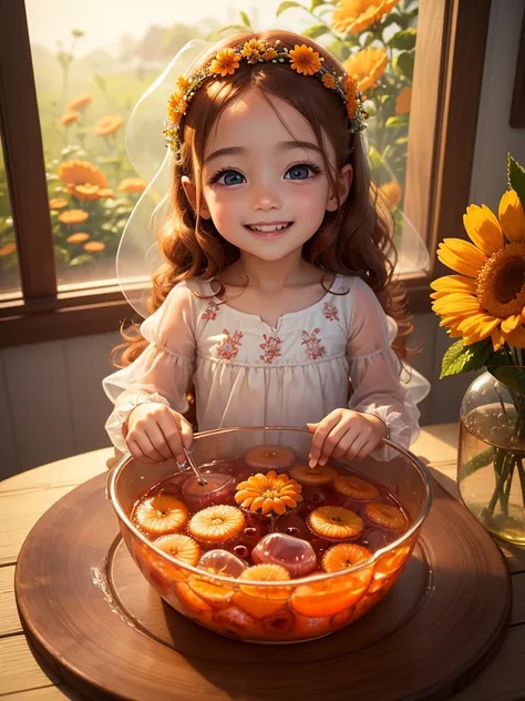 The best picture quality, detailed eyes, long eyelashes, fairy tale world, transparent jelly with lots of fruit on it, 5 year old  eating jelly while laughing, smiling happily, the best smile, very pretty and innocent , chestnut hair, amazingly very large ...