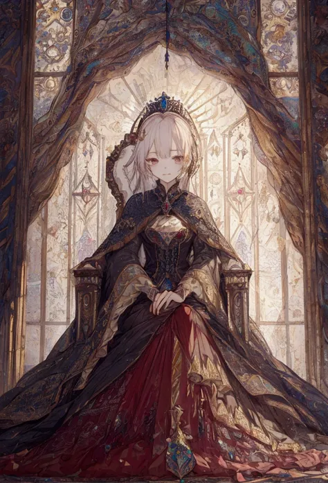 ((masterpiece)), (Highest quality), Official Art prince, Highly detailed CG, unity 8k wallpaper, Super detailed, View from below、
Highly detailed full body glamour photos by rpgroyalty, Sitting on the throne, Crown, jewelry, tiara, elegant, 
palace, Staine...