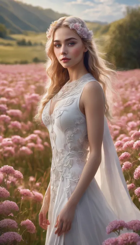 a young attractive white woman as the definition of the emotions of attachment and love goddess, detailed face, beautiful eyes, long eyelashes, small nose, full lips, wavy blonde hair, white extraterrestrial dress, standing in a field of flowers, (best qua...