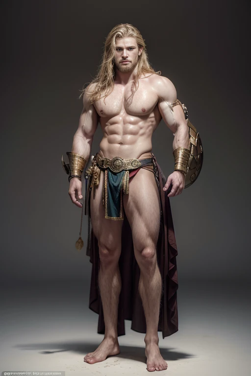 painted portrait of a stout Thor, god of thunder, young greek god, blond windy hair, male, insanely handsome, upper body, muscular, hairy torso, fantasy, intricate, elegant, highly detailed, digital painting, art station, concept art, soft, sharp focus, il...