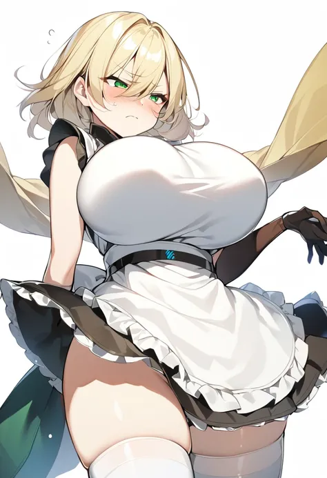 (One girl)、(bob cut)、((Blonde))、（Sato Air）、slan eyes、（boyish）、cute、(Big super breasts)、[Chubby]、Maid clothes、No sleeve、mini skirt、White sleeveless、((hairs between eyes))、thigh-high socks thighhighs、(long gloves)、(flipped hair)、green eye、Troubled face、arm b...