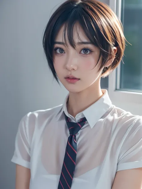 anime girl with short hair and a tie looking out a window, beautiful anime portrait, smooth anime cg art, detailed portrait of anime girl, stunning anime face portrait, portrait anime girl, anime. soft lighting, realistic anime artstyle, anime art wallpape...