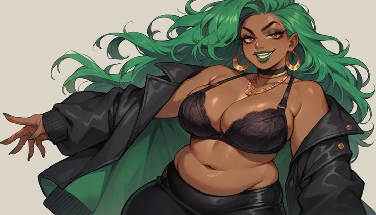 beautyfull woman, long green hair, long hair, african skin, green lipstick, black skirt, black bra, black chocker, black necklaces, evil smile, black jacket, chubby