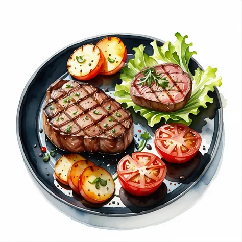 delicious tenderloin steak and baked potato、served with grilled tomato slices and green lettuce vegetables々served on a black pla...