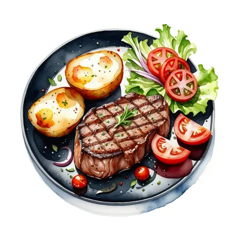 delicious tenderloin steak and baked potato、served with grilled tomato slices and green lettuce vegetables々served on a black pla...