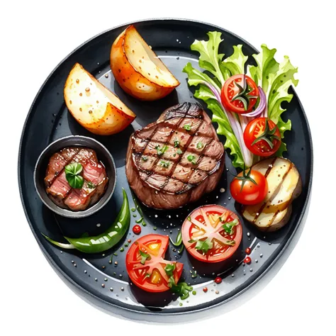 delicious tenderloin steak and baked potato、served with grilled tomato slices and green lettuce vegetables々served on a black pla...