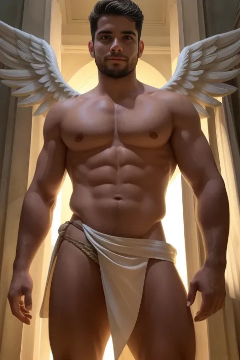 A young flying angel looking to the right side with his right hand extended upwards towards something bright, perna esquerda levemente dobrada e a perna direita estendida, grandes asas brancas, corpo definido, sem roupa, only in the loincloth, deus grego, ...