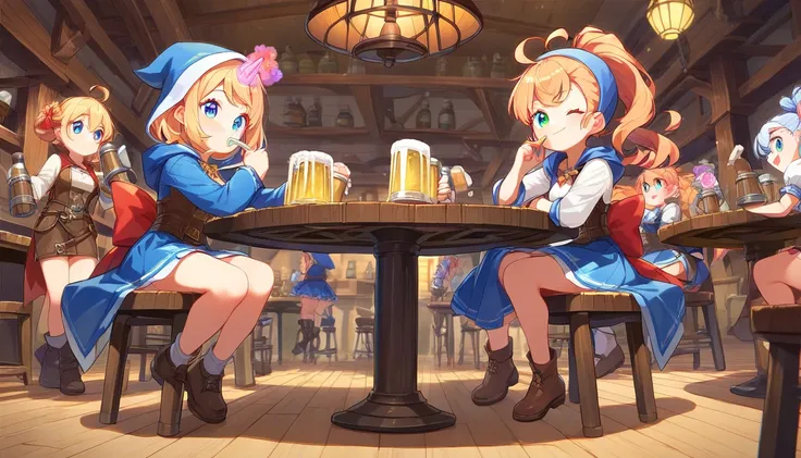 ((2girls:1.3)), ((tavern:1.3)), ((mage:1.3)), ((grimoire:1.3)), ((magic light:1.3)), ((full body:1.3)), ((beer bottle:1.3)), ((drinking:1.3)), ((moe style:1.3)), ((perfect face)), ((extremely cute:1.3)), ((masterpiece:1.3)), ((8k)), ((best quality:1.3)), (...