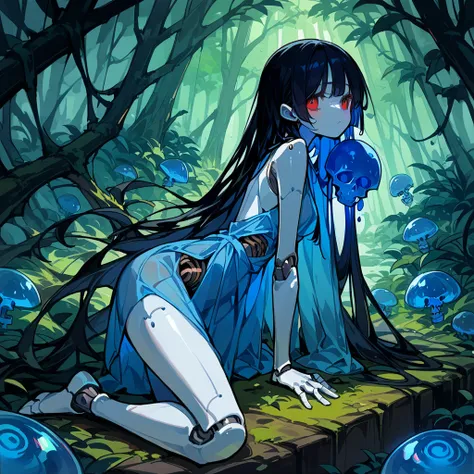 core_9_up, score_8_up, score_7_up, score_6_up, source_anime, 2D、1girl, black hair, red eyes, skeleton body, Translucent dress、Bones visible, forest, moss on body.、 blue jellyfish, robot joints