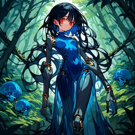 core_9_up, score_8_up, score_7_up, score_6_up, source_anime, 2D、1girl, black hair, red eyes, skeleton body, Translucent dress、Bones visible, forest, moss on body.、 blue jellyfish, robot joints