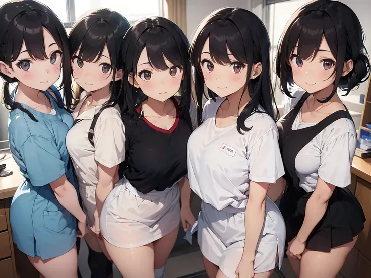 ((Highest quality)), ((masterpiece)), (detailed),Perfect Face,Strong light from the front,With front light,A group of nurses in a hospital wearing nurse uniforms and taking off their skirts to show their underwear,