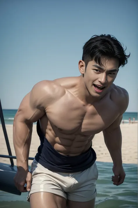 (Create a masterpiece: 1.2),(CGI art:1.3),(realistic:1.5),(After processing:1.3), (Sharp focus:1.3), 1 man, open mouth, smile, (Navy blue round neck shirt), shorts, Korean guy , korean men, (High gloss details), chest muscles, large arm muscles, blood vess...